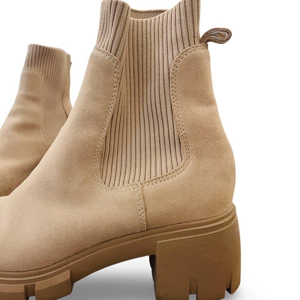 Tan Suede Ankle Boots with Knit Sides & Top and Big Tread